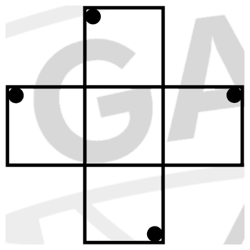 Plus-shaped outline with a black dot in a corner of each arm: top arm upper left, left arm upper left, right arm upper right, bottom arm lower right