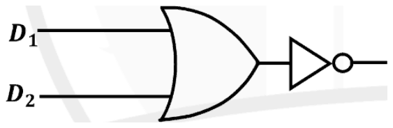 Logic circuit: D1 and D2 feed an OR gate whose output goes through a NOT gate