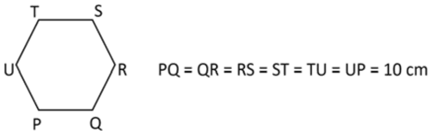 Hexagon PQRSTU with all six sides equal to 10 cm