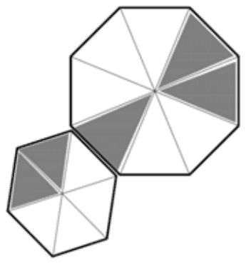 Octagon shaded at its upper right and lower left, joined at its lower left to a hexagon shaded at its upper left