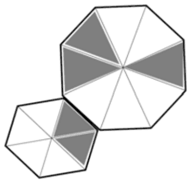 Octagon shaded at its top left, left and right, joined at its lower left to a hexagon shaded at its right side