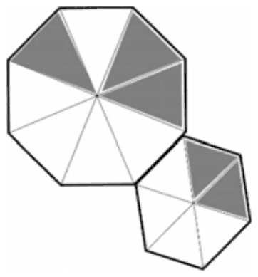 Octagon shaded at its top left and top right, joined at its lower right to a hexagon shaded at its upper right