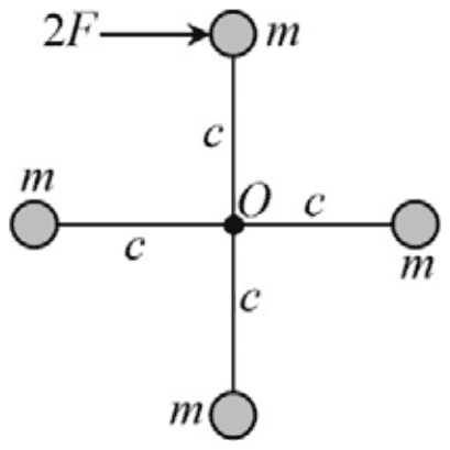 Four masses m at distance c from a centre O, joined in a cross by rods; a horizontal force 2F acts on the top mass