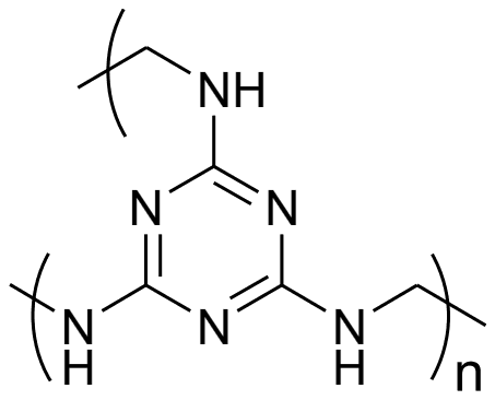 Repeat unit of a crosslinked polymer: a triazine ring whose three carbons each carry an NH group, each NH joined to a CH2 bridge leading to the next unit