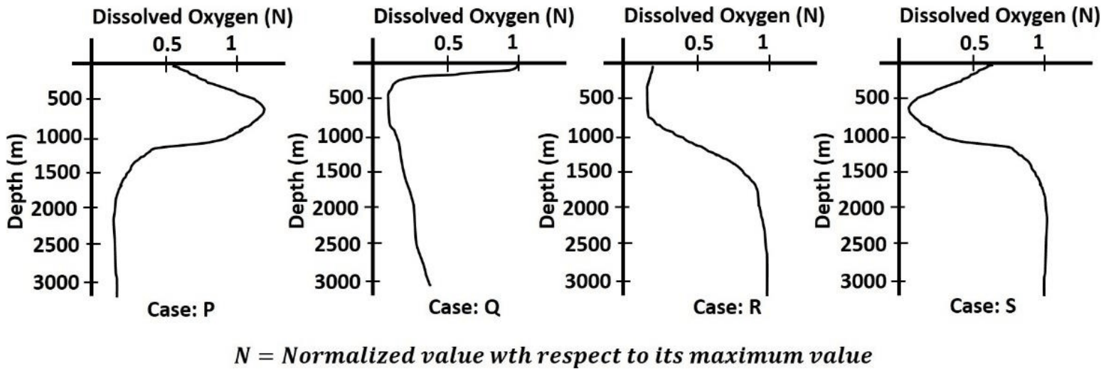 Four normalised dissolved oxygen profiles to 3000 m. P peaks near 700 m. Q is 1 at the surface, falls almost to zero within 200 m and recovers slowly to 0.4. R is low near the surface and rises to 1 below 1500 m. S has a minimum near 700 m and rises to 1 below 1500 m