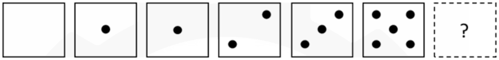 Seven square tiles in a row: the first is blank, the next two have one dot each, then tiles with 2, 3 and 5 dots, and a dashed tile with a question mark
