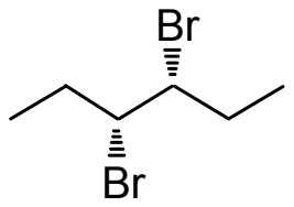 3,4-Dibromohexane drawn as a zigzag chain with both bromines on hashed bonds