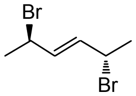 2,5-Dibromohex-3-ene drawn as a zigzag chain, one bromine on a wedged bond and one on a hashed bond
