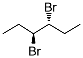 3,4-Dibromohexane drawn as a zigzag chain, one bromine on a wedged bond and one on a hashed bond