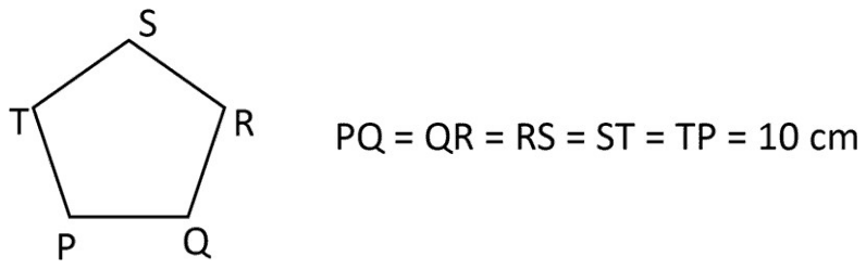 Regular pentagon PQRST with sides of 10 cm