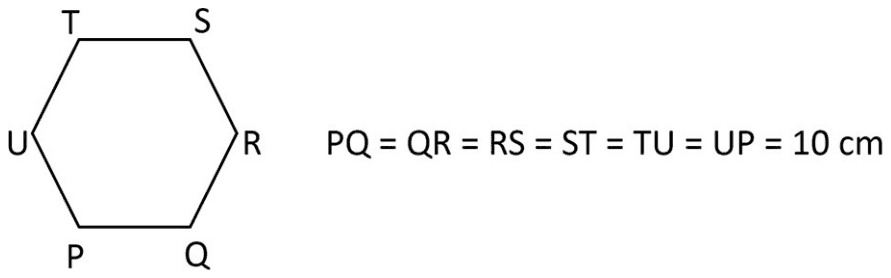 Regular hexagon PQRSTU with sides of 10 cm