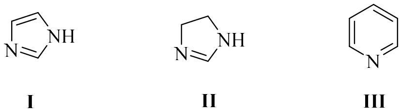 Three ring structures: I is imidazole, a five-membered aromatic ring with N and NH; II is the same ring with the C4-C5 bond saturated (2-imidazoline); III is pyridine