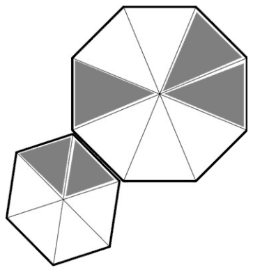 Octagon at upper right with three shaded wedges, one of them on its left side, and hexagon at lower left with two shaded wedges at its top