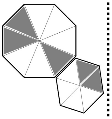 Octagon at upper left joined to a hexagon at lower right, dotted mirror line on the right