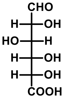 Fischer projection of the D-glucose configuration at C2 to C5 with CHO at the top and COOH at the bottom