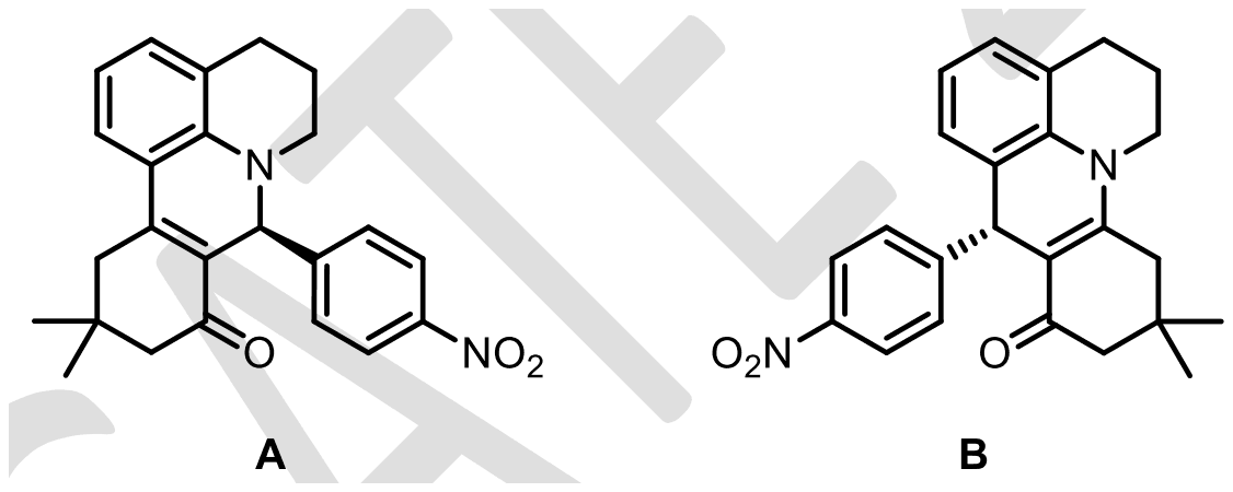 Two fused polycyclic structures A and B, each with a 4-nitrophenyl group on an sp3 CH, a dimethylcyclohexenone ring and a julolidine-type N; in A the CH bearing the aryl group is bonded to N, in B it is bonded to the benzo ring carbon.