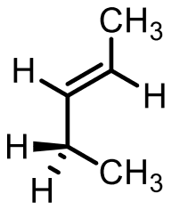 Skeletal drawing of pent-2-ene with wedge and hash bonds at C4: C4 is placed trans to the C2 methyl, with the methyl on a bond to the right