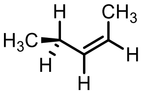 Skeletal drawing of pent-2-ene with wedge and hash bonds at C4: a C4 hydrogen lies in the plane eclipsing the double bond