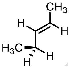 Skeletal drawing of pent-2-ene with wedge and hash bonds at C4: C4 is placed trans to the C2 methyl, with the methyl on a wedge to the left