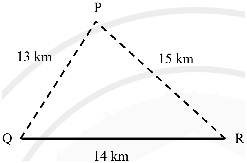 Triangle PQR with P at the top: PQ = 13 km and RP = 15 km drawn dashed, and QR = 14 km along the base drawn as a solid line