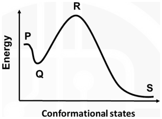 Energy against conformational states: the curve starts at P, dips to a shallow minimum Q, rises to a peak R and falls to the lowest level S