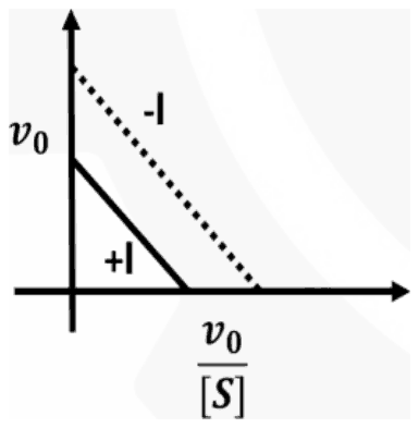 Eadie-Hofstee plot of v0 against v0/[S]: the solid +I line lies below and roughly parallel to the dotted -I line, with smaller intercepts on both axes