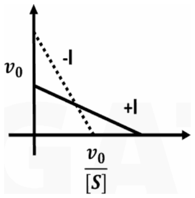 Eadie-Hofstee plot of v0 against v0/[S]: the solid +I line starts lower on the y-axis than the dotted -I line, is shallower and crosses it before reaching a larger x-intercept