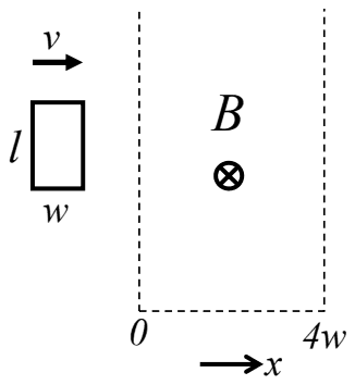 A loop of width w along the motion and height l moves right at speed v towards a field region into the page that runs from x equals 0 to 4w