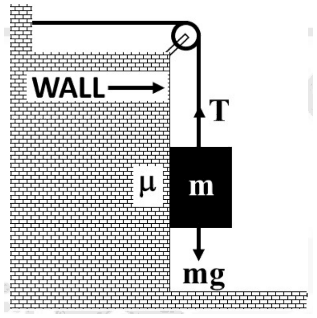 String over a pulley at the top of a vertical wall, hanging beside the wall face; block m touches the wall at a contact marked mu, with tension T drawn upwards and weight mg downwards