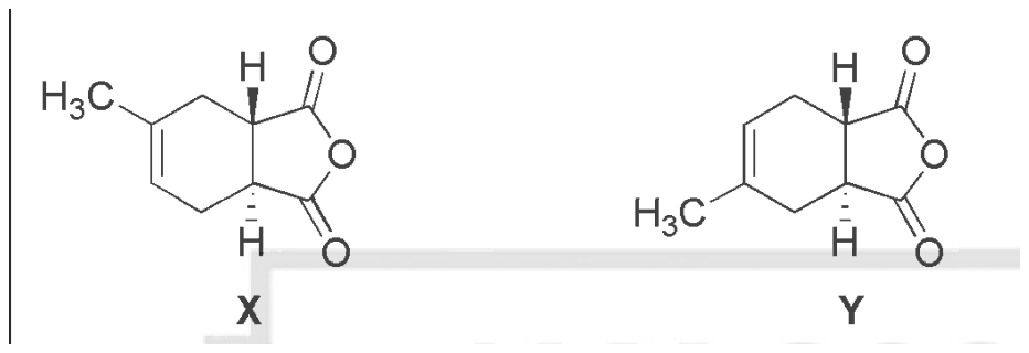 Two drawn bicyclic anhydrides X and Y: a cyclohexene ring with one methyl group fused to a five-membered cyclic anhydride, with a wedged H at the top ring fusion and a hashed H at the bottom, the methyl group on opposite sides of the ring