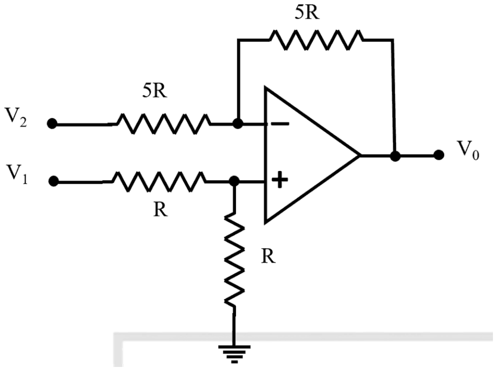 Op-amp: V2 goes through 5R to the inverting input, with a feedback resistor 5R from the output V0 to that input; V1 goes through R to the non-inverting input, which is also connected to ground through R