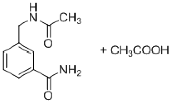 3-(Acetamidomethyl)benzamide with the CONH2 group intact, plus CH3COOH