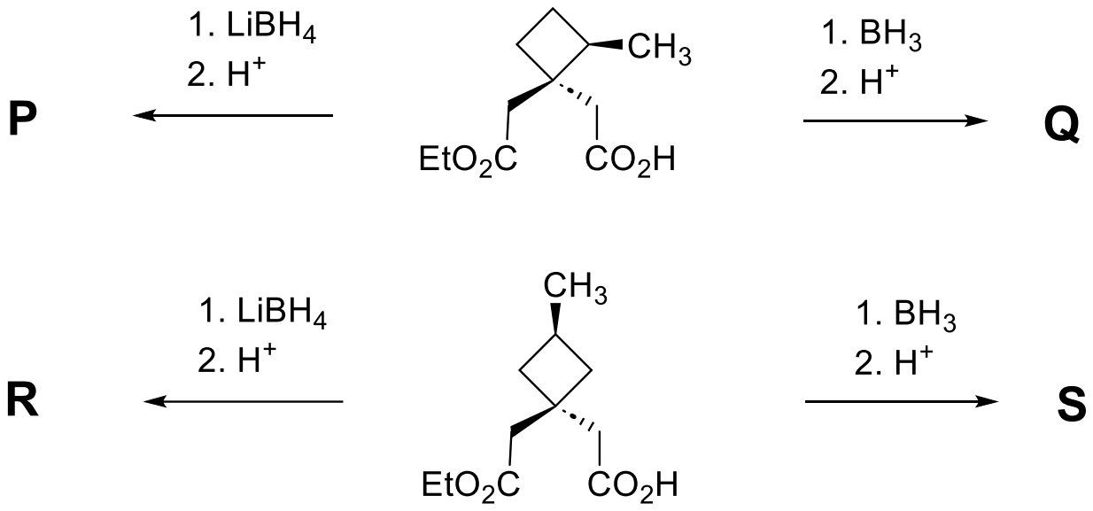Two starting cyclobutanes each carrying CH2CO2Et and CH2CO2H on one ring carbon and a methyl group, treated with LiBH4 then H+ to give P and R, and with BH3 then H+ to give Q and S