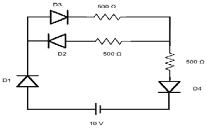 Circuit: a 10 V battery in series with diode D1, then two parallel branches, D3 with 500 ohm and D2 with 500 ohm, then a 500 ohm resistor and diode D4