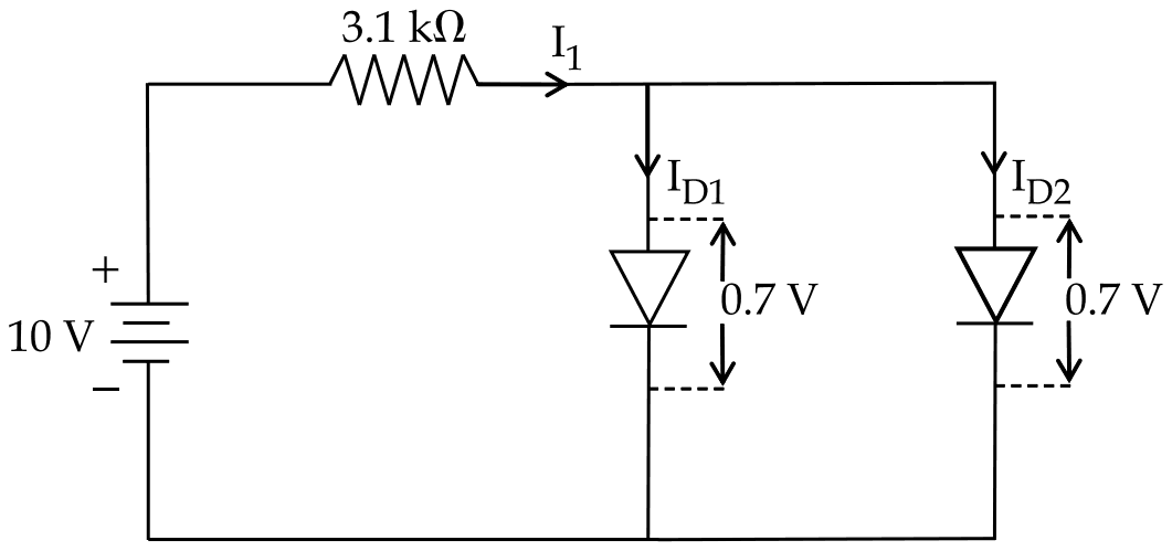 A 10 V battery in series with a 3.1 kilohm resistor carrying I1 into two parallel forward-biased diodes carrying ID1 and ID2, each with 0.7 V across it