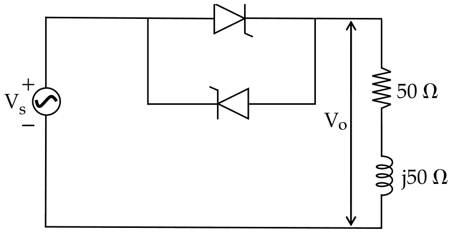Supply Vs feeds a load of 50 ohm resistance in series with j50 ohm reactance through two thyristors in antiparallel; Vo is the voltage across the load