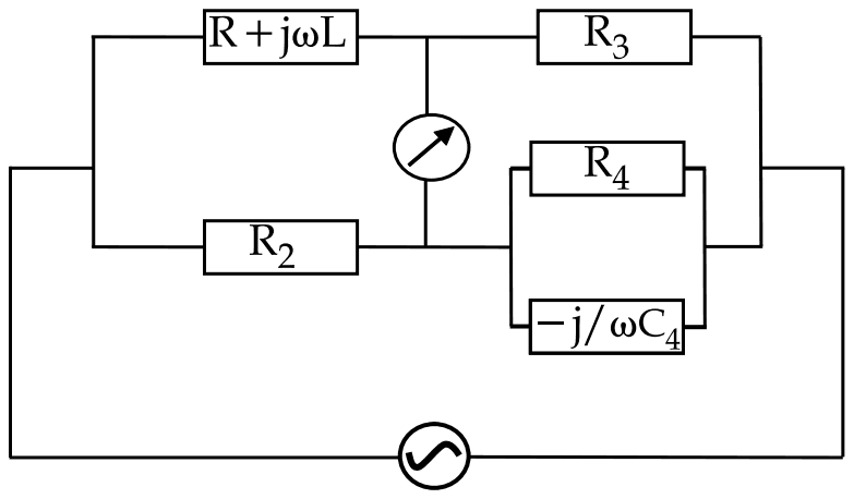 Maxwell bridge: R + jwL and R3 form the upper arms, R2 and the parallel pair R4 with minus j over w C4 form the lower arms; a detector joins the midpoints and the ac source is across the bridge