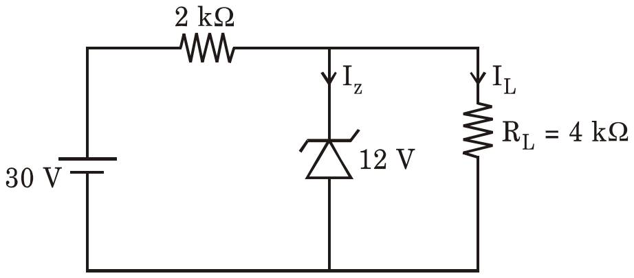 A 30 V source in series with a 2 kilo-ohm resistor feeds a 12 V Zener diode carrying Iz in parallel with a load RL = 4 kilo-ohm carrying IL