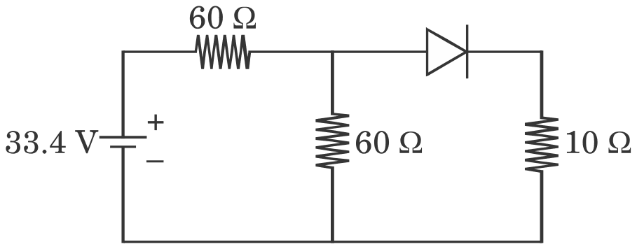 33.4 V battery feeding a 60 ohm series resistor, then a 60 ohm resistor to ground, in parallel with a forward-biased diode in series with a 10 ohm resistor