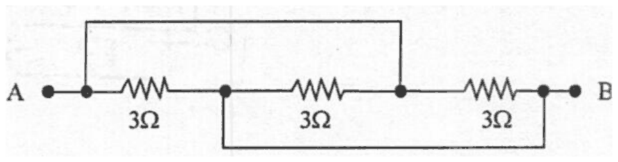 Three 3 ohm resistors in series from A to B; one wire joins A to the junction between the second and third resistors, and another wire joins the junction between the first and second resistors to B