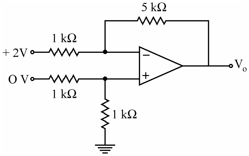 Op-amp circuit: a 1 kilohm resistor joins the +2 V input to the inverting input; a 5 kilohm resistor connects the output back to the inverting input; the 0 V input reaches the non-inverting input through a 1 kilohm resistor, and a 1 kilohm resistor takes that input to ground
